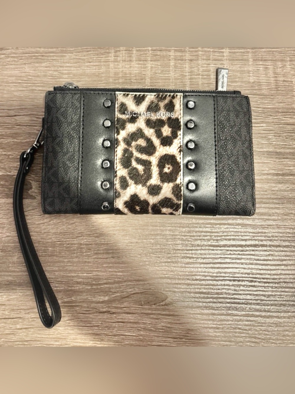 Michael Kors Black Wallet Wristlet with Leopard Accent